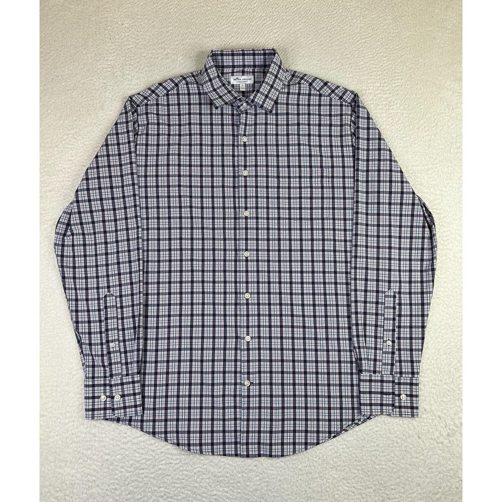 Peter Millar Summer Comfort Shirt Mens Large Blue Plaid Long Sleeve Button Up